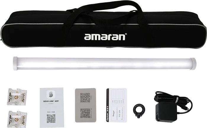 Lieferumfang des Amaran PT2c mit Röhre, Halterungen und Zubehör