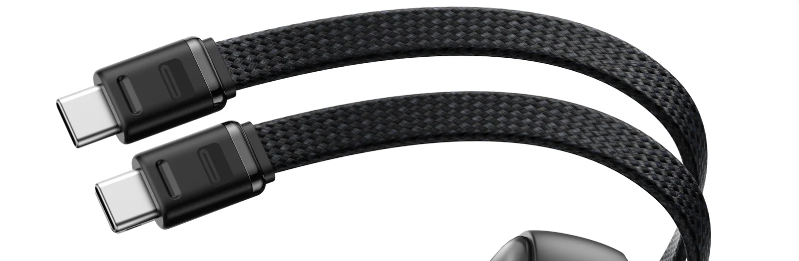 Zwei schwarze, geflochtene USB-C-Kabel, die aus der Oberseite einer schwarzen Powerbank herauslaufen