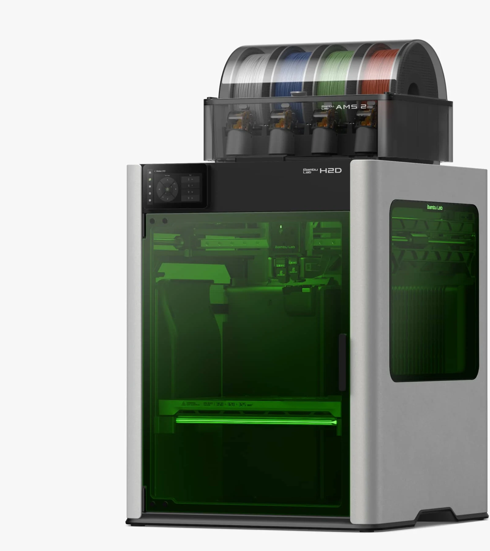Bambu Lab H2D mit aufgesetztem AMS 2 Pro, die Sichtfenster leuchten grün, weil das Lasermodul aktiv ist