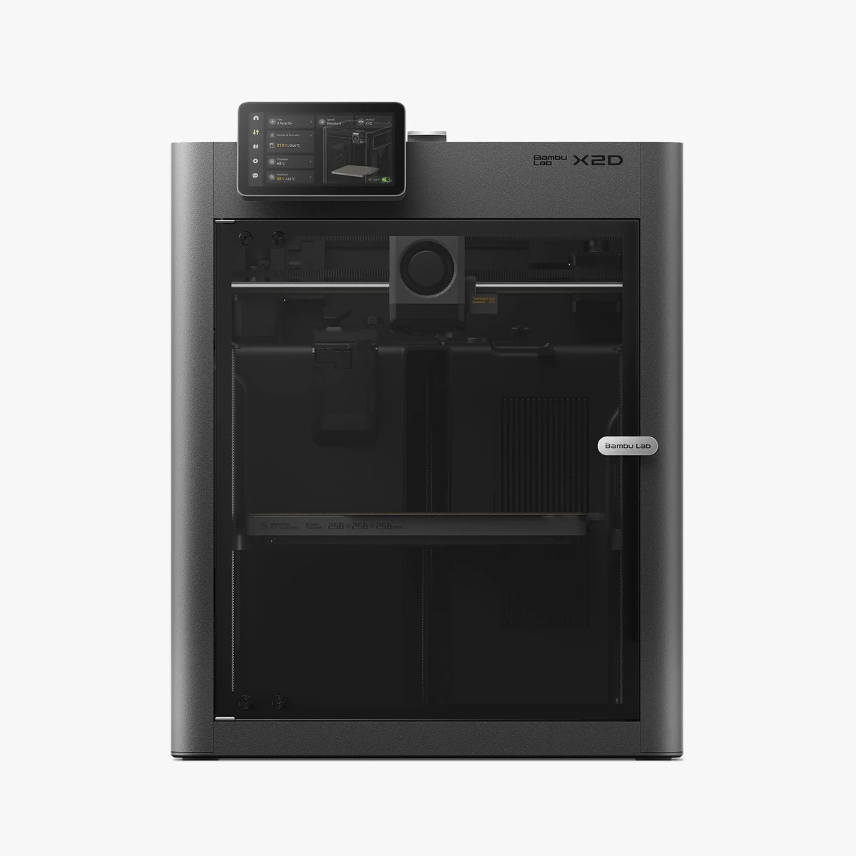Bambu Lab X2D von vorn: kompakter schwarzer Drucker mit Touchscreen und geschlossener Glasfront