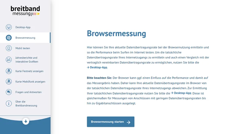 Browsermessung auf breitbandmessung.de mit dem Hinweis, dass für die tatsächliche Datenrate die Desktop-App zu nutzen ist