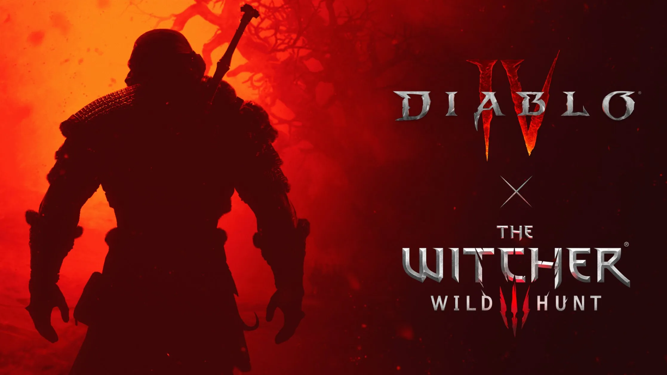 Werbegrafik zur Zusammenarbeit von Diablo IV und The Witcher 3 Wild Hunt: die Silhouette Geralts mit zwei Schwertern auf dem Rücken vor glutrotem Hintergrund, daneben beide Logos