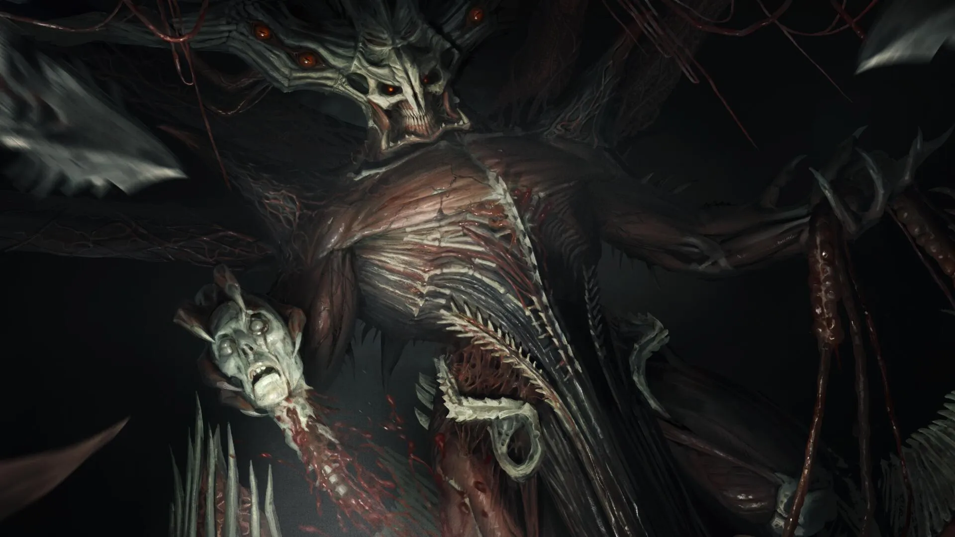 Der Weltenstein-Verderber in Diablo Immortal: eine überlebensgroße, fleischig-knöcherne Kreatur mit mehreren Schädeln und glühenden Augen im Dunkeln
