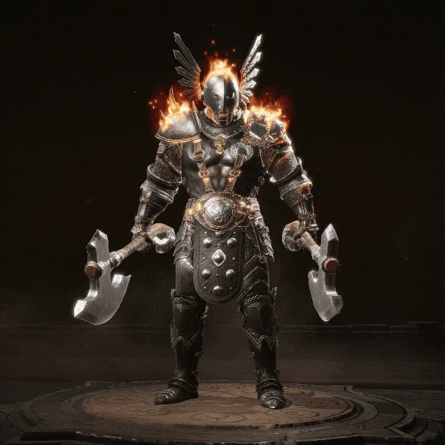 Der Unsterbliche König in Diablo Immortal: ein Barbar in silbern glänzender Plattenrüstung mit geflügeltem Helm und brennenden Schultern, zwei Äxte in den Händen