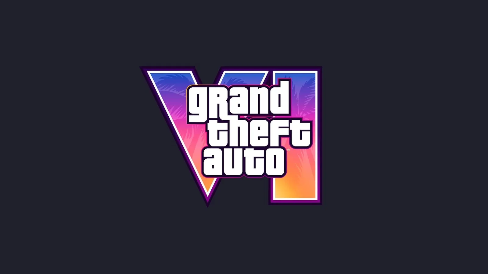 Offizielles Titelbild von Grand Theft Auto VI: der Schriftzug mit dem roemischen VI in Rosa- und Violetttoenen vor dunklem Grund