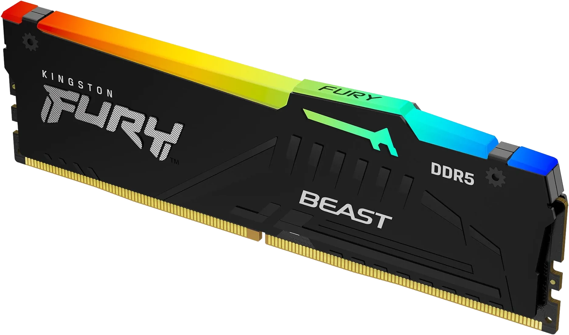 Schwarzer Kingston-Fury-Beast-DDR5-Speicherriegel schraeg von vorn, mit gezacktem Kuehlkoerper und einer durchgehenden hellen Leuchtleiste auf der Oberkante