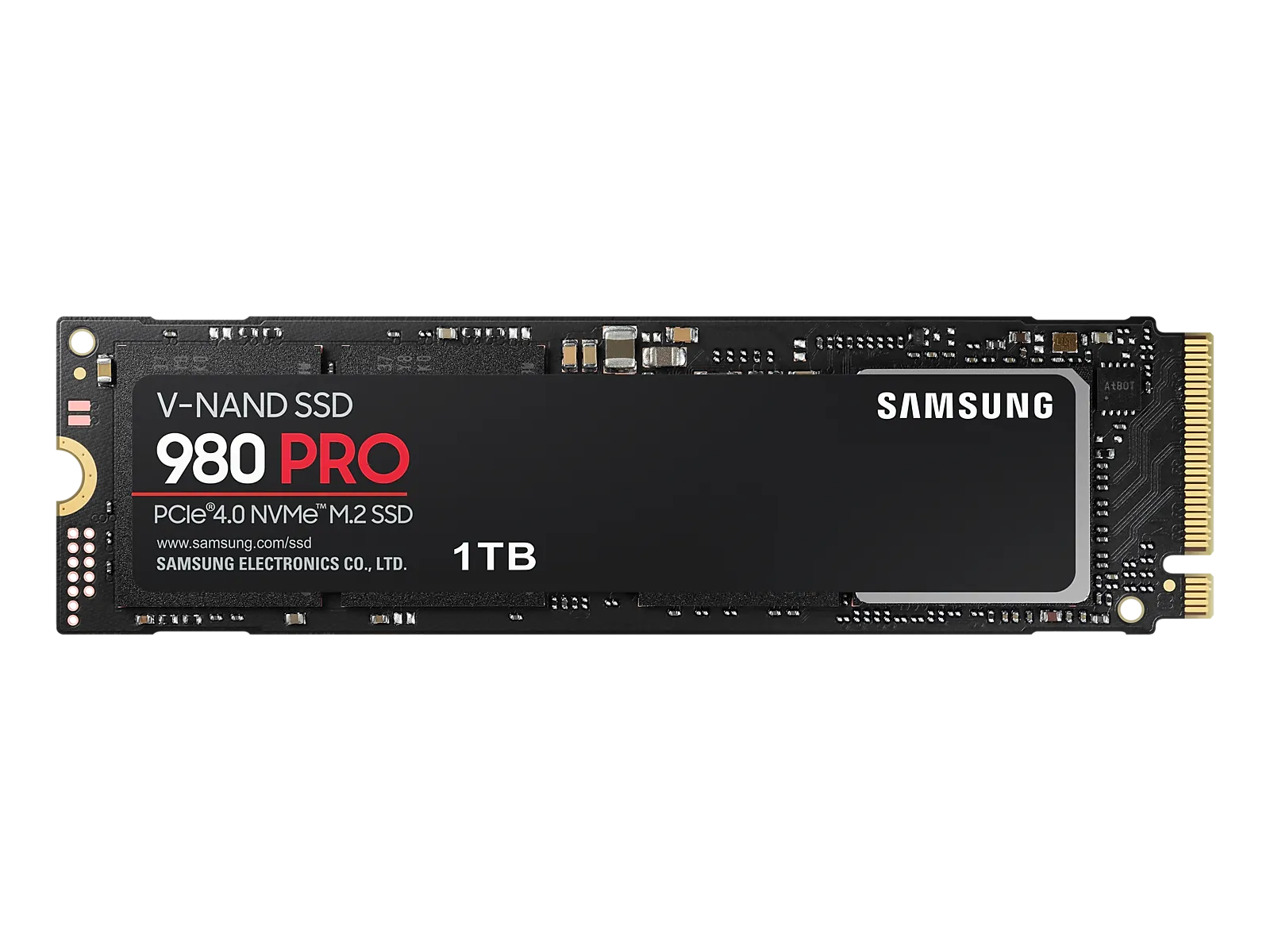 Schwarze M.2-SSD Samsung 980 PRO von oben mit dem Aufdruck V-NAND SSD, 980 PRO, PCIe 4.0 NVMe M.2 SSD und der Kapazitaetsangabe 1 TB