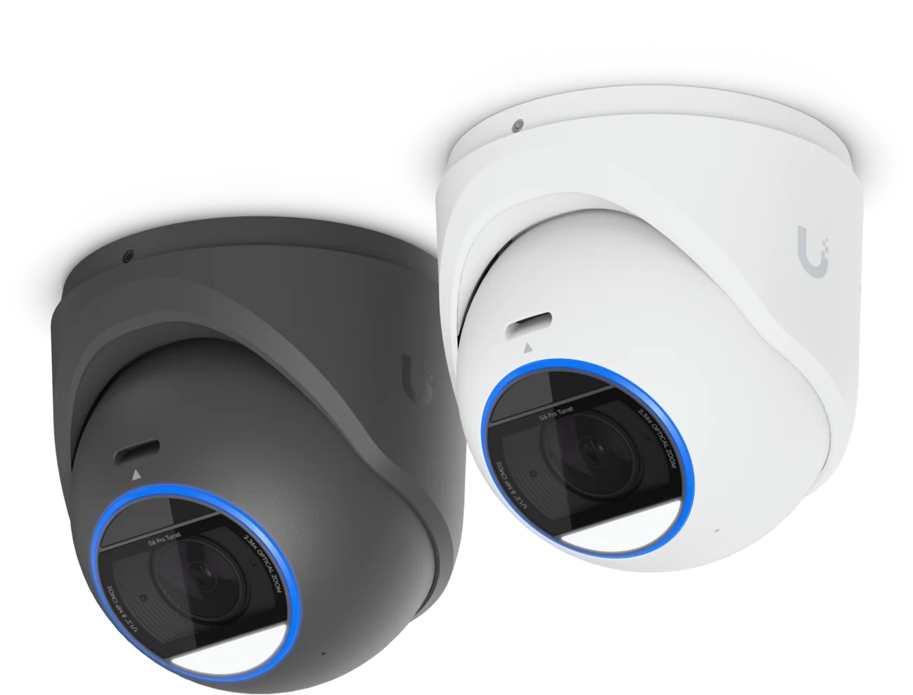 Zwei UniFi G6 Pro Turret Kameras nebeneinander, eine in Schwarz und eine in Weiß, mit blau leuchtendem Ring um das Objektiv