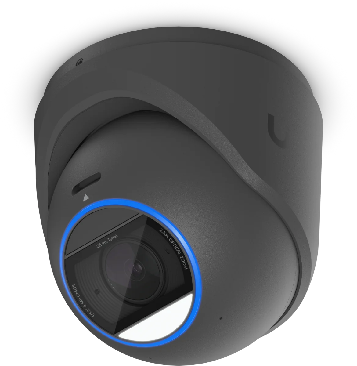 Schwarze UniFi G6 Pro Turret Kamera schräg von vorne, das Objektiv sitzt in einem blau leuchtenden Ring