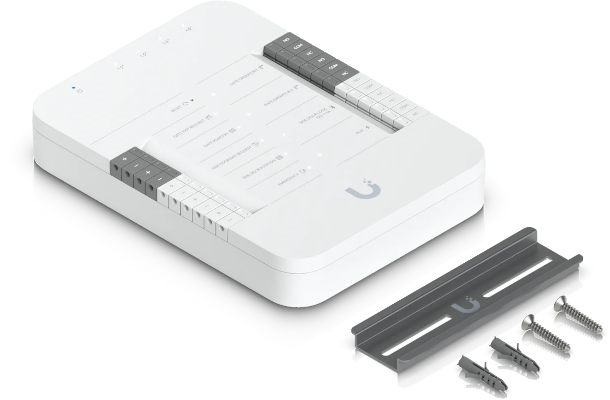 UniFi Gate Hub mit Lieferumfang: Gerät, Hutschienenadapter und Schrauben