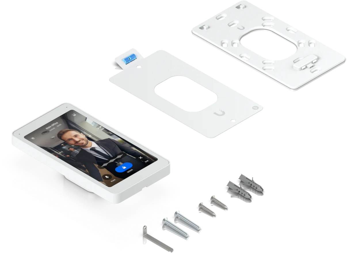 UniFi Intercom Viewer mit Lieferumfang: Gerät, Wandhalterung, Schrauben und Montagewerkzeug