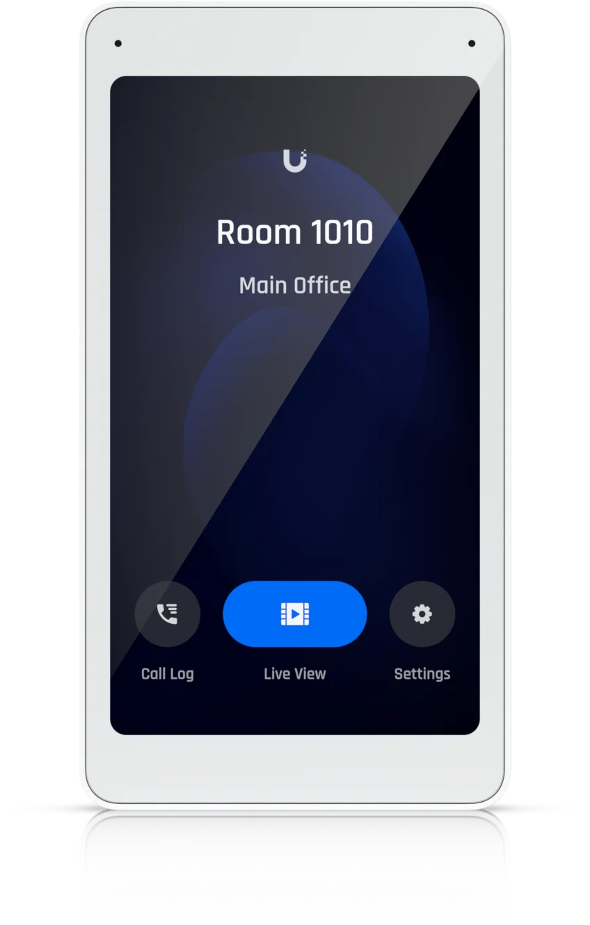 UniFi Intercom Viewer mit Startbildschirm an der Wand, darauf Raumbezeichnung und Uhrzeit