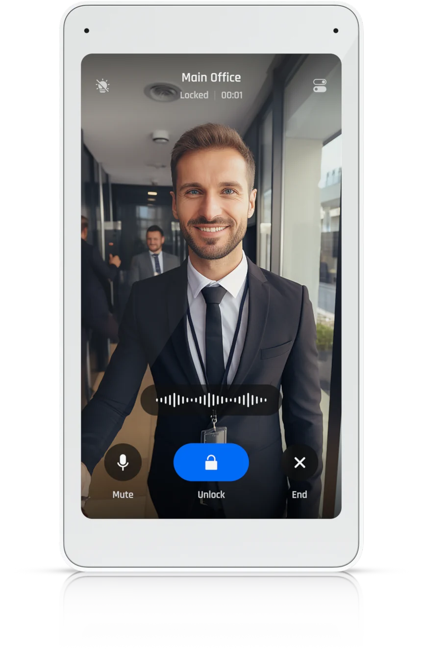UniFi Intercom Viewer an der Wand zeigt im Hochformat das Videobild eines Besuchers vor der Tür