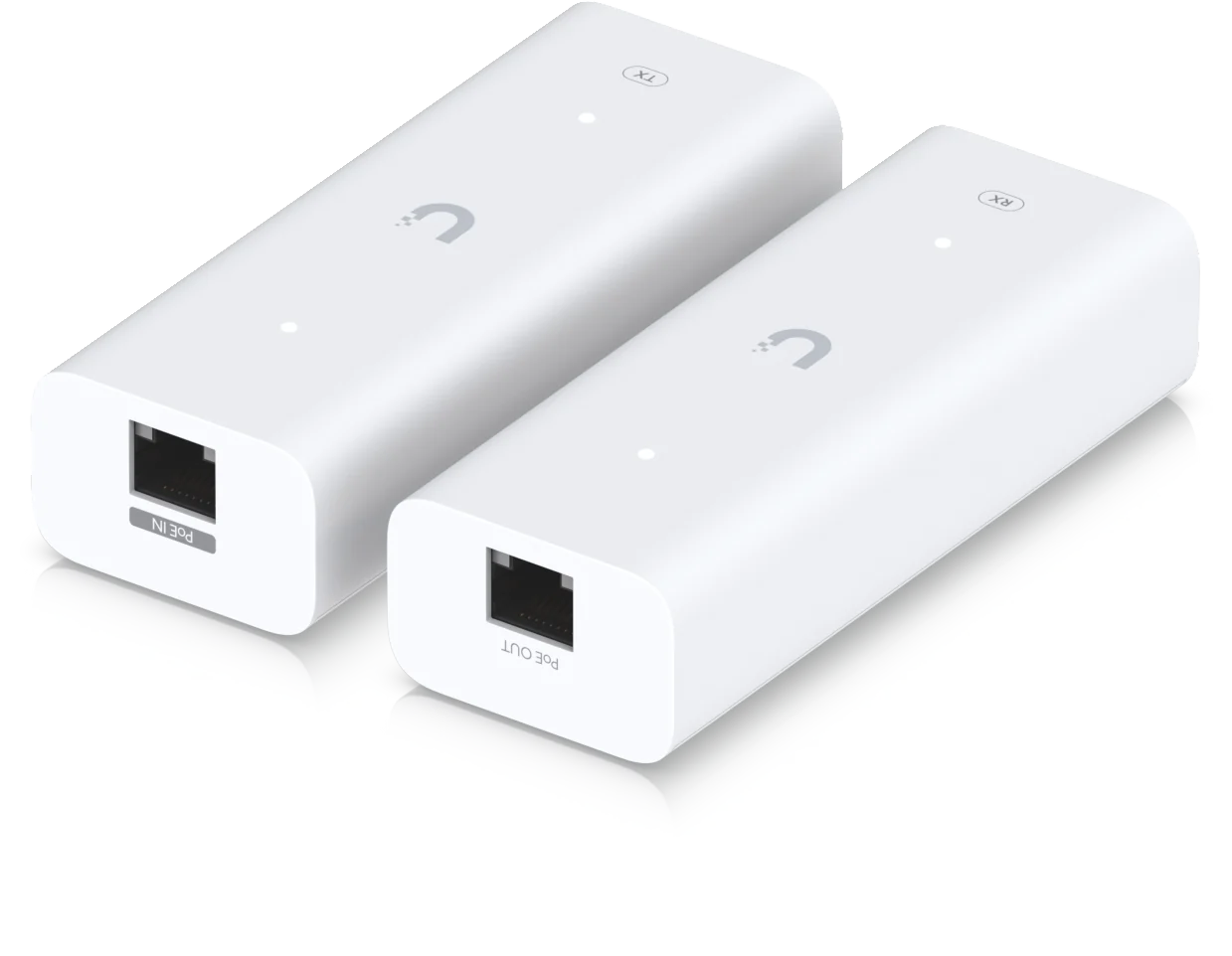 Zwei UniFi Retrofit-Module liegend nebeneinander, die Netzwerkbuchsen zeigen nach vorne