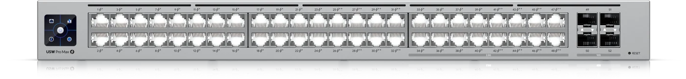 UniFi Switch Pro Max 48 PoE von vorne, 48 Ports in zwei Reihen mit Display an der Seite