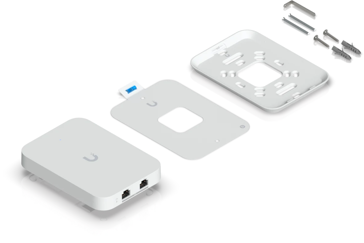 UniFi U7 In-Wall mit Lieferumfang: Access Point, Metallhalterung und Schrauben