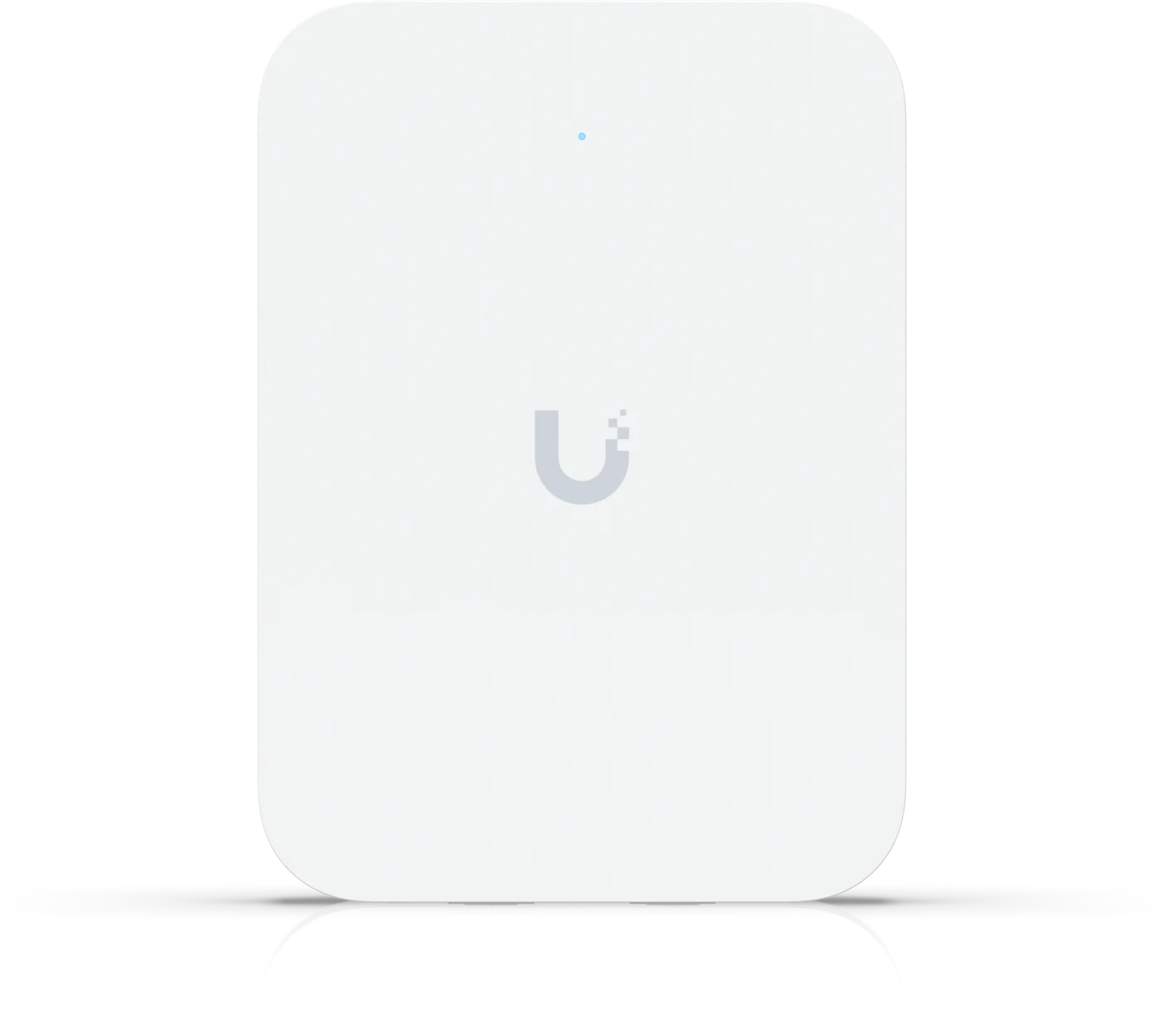 Weißer flacher UniFi U7 In-Wall Access Point von vorne, montiert wie eine Schalterdose an der Wand