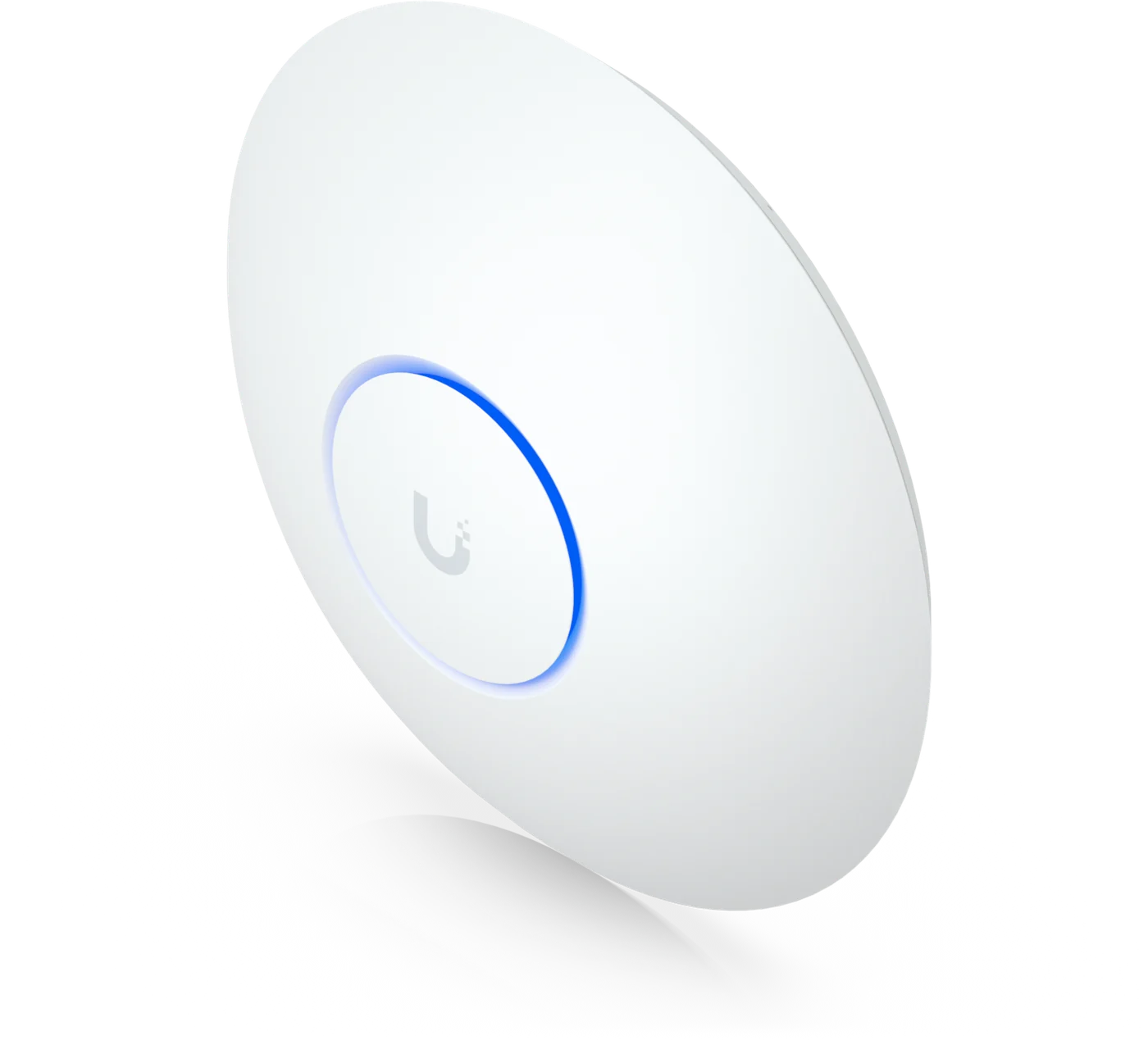 UniFi U7 Long-Range schräg von vorne mit leuchtendem blauem LED-Ring