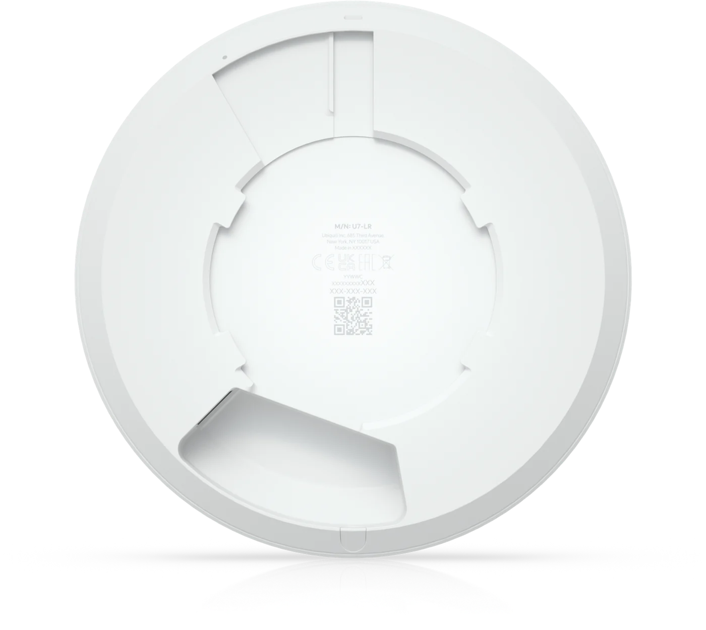 Rückseite des UniFi U7 Long-Range mit Montageaufnahme und Anschlussöffnung