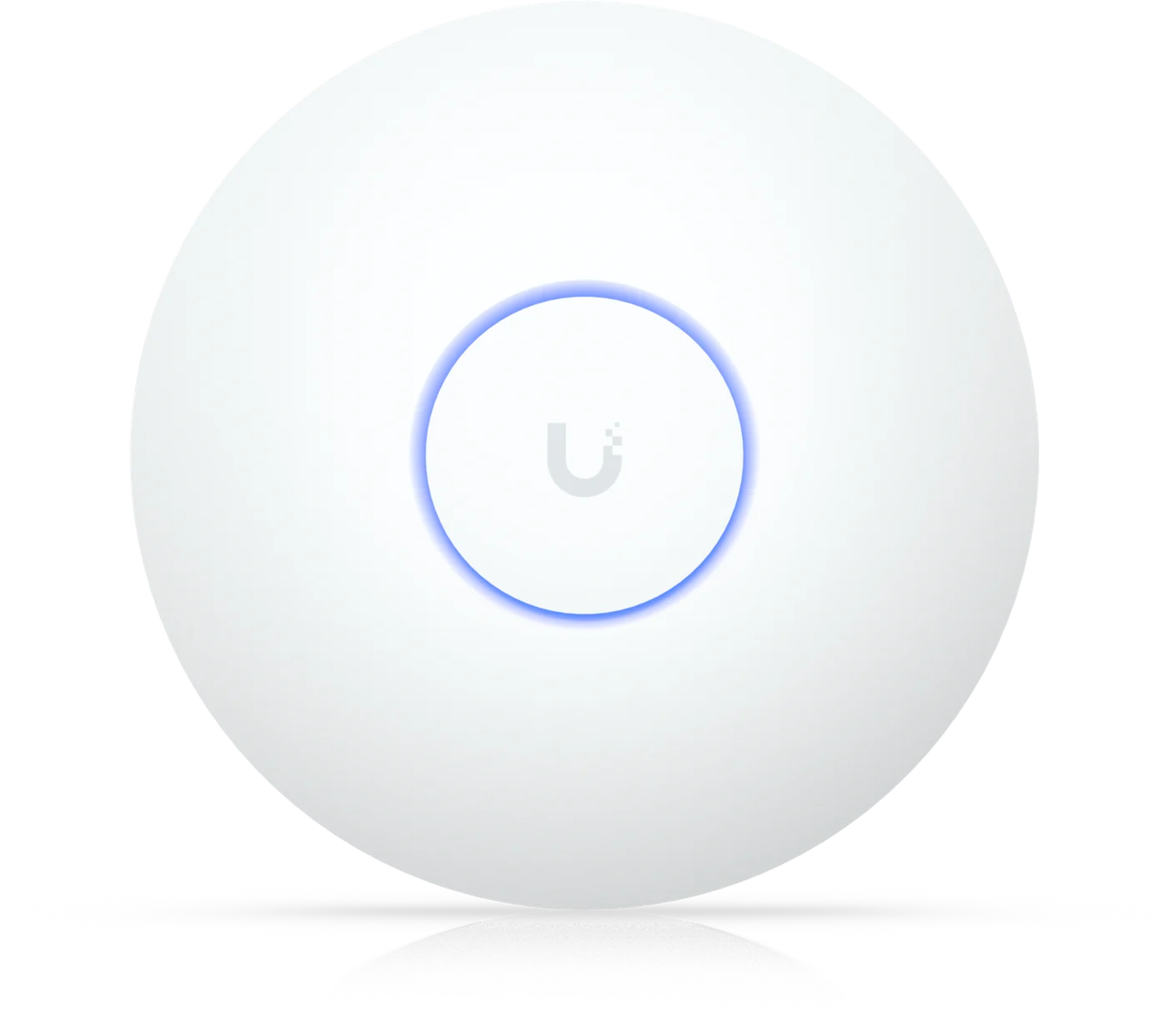 Runder weißer UniFi U7 Long-Range Access Point von vorne mit blau leuchtendem Ring in der Mitte