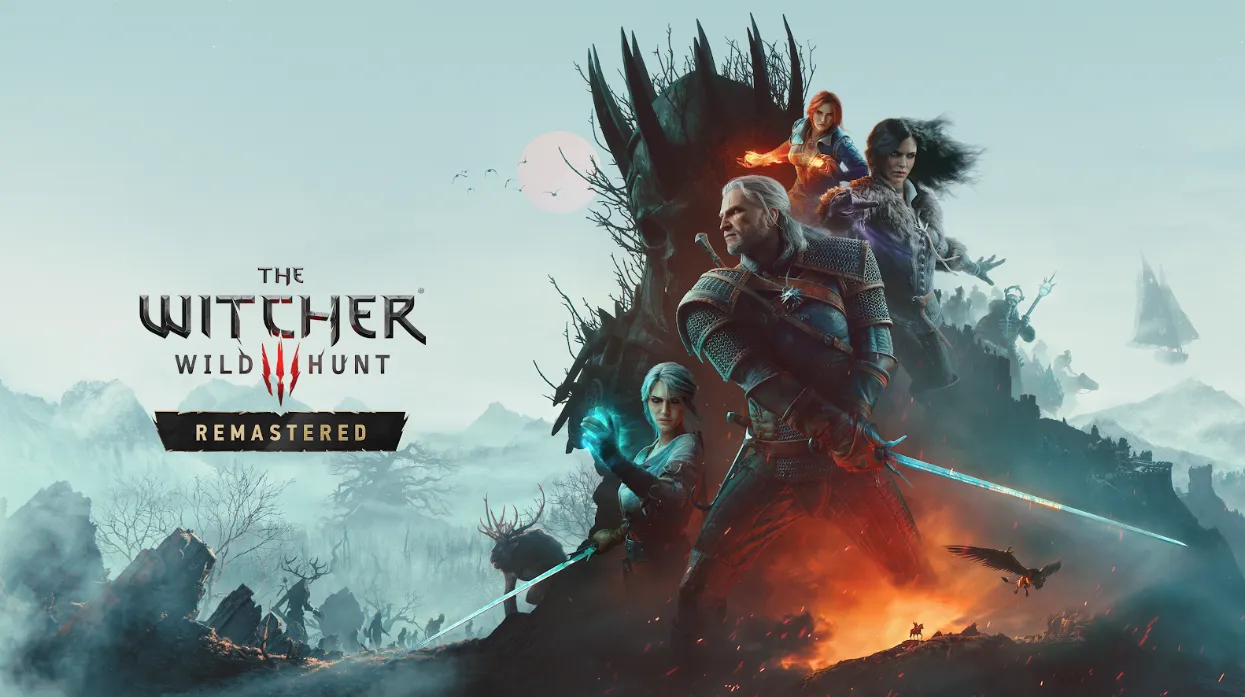 Titelbild von The Witcher 3 Wild Hunt Remastered: Geralt mit gezogenem Schwert auf einem Felsen, hinter ihm Ciri, Triss und Yennefer vor nebligem Bergpanorama