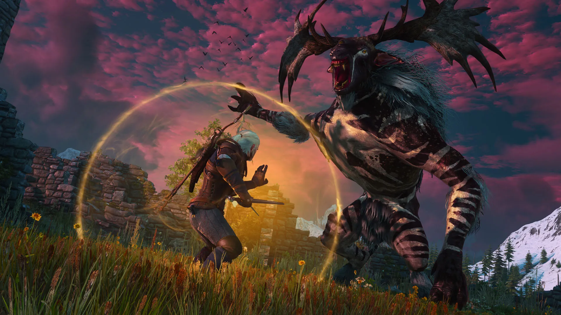 Screenshot aus The Witcher 3 Remastered: Geralt wirft das Zeichen Quen, ein goldener Schutzkreis leuchtet um ihn, vor ihm richtet sich ein gehörntes Monster mit aufgerissenem Maul auf, darüber ein rosaviolett bewölkter Himmel