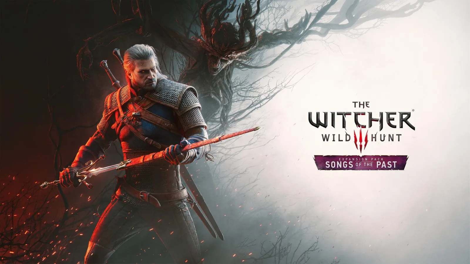 Titelgrafik der Erweiterung Songs of the Past: Geralt hält sein Silberschwert quer vor sich, hinter ihm im Nebel eine verdorrte Baumkreatur mit vielen Ästen, rechts der Schriftzug The Witcher 3 Wild Hunt Expansion Pack Songs of the Past