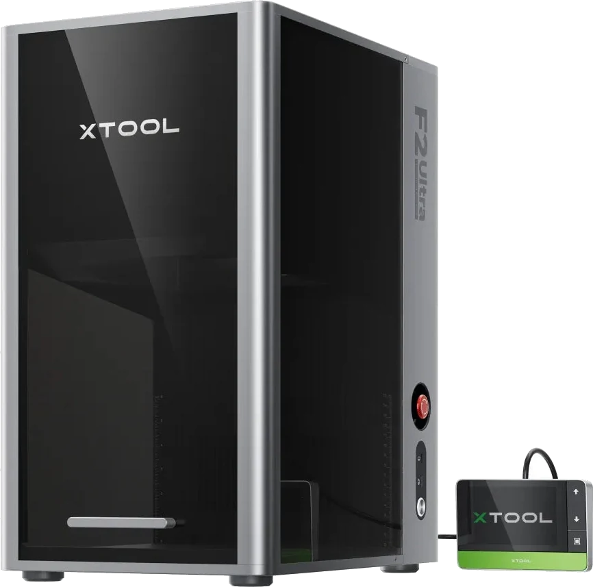xTool F2 Ultra, ein hochkant stehender Galvo-Lasergravierer mit schwarzer Glasfront und silbernem Rahmen, daneben ein kleines Bediengerät mit grünem Streifen