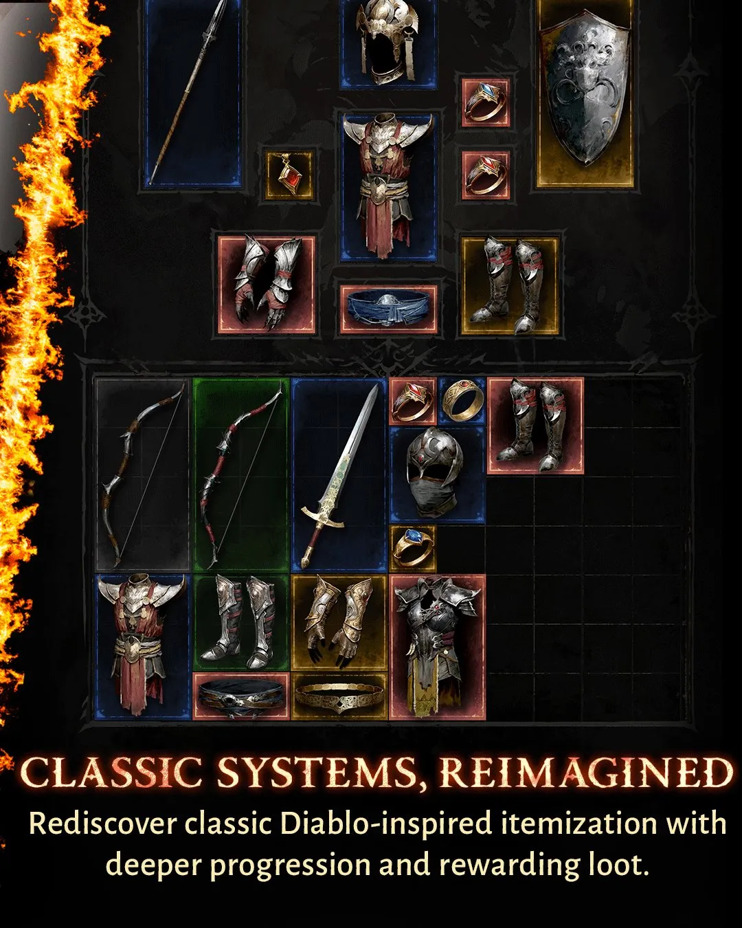 Panel-Grafik zu Diablo V: Inventar mit Waffen, Rüstungen und Ringen in unterschiedlich großen Feldern unter dem Titel Classic systems, reimagined