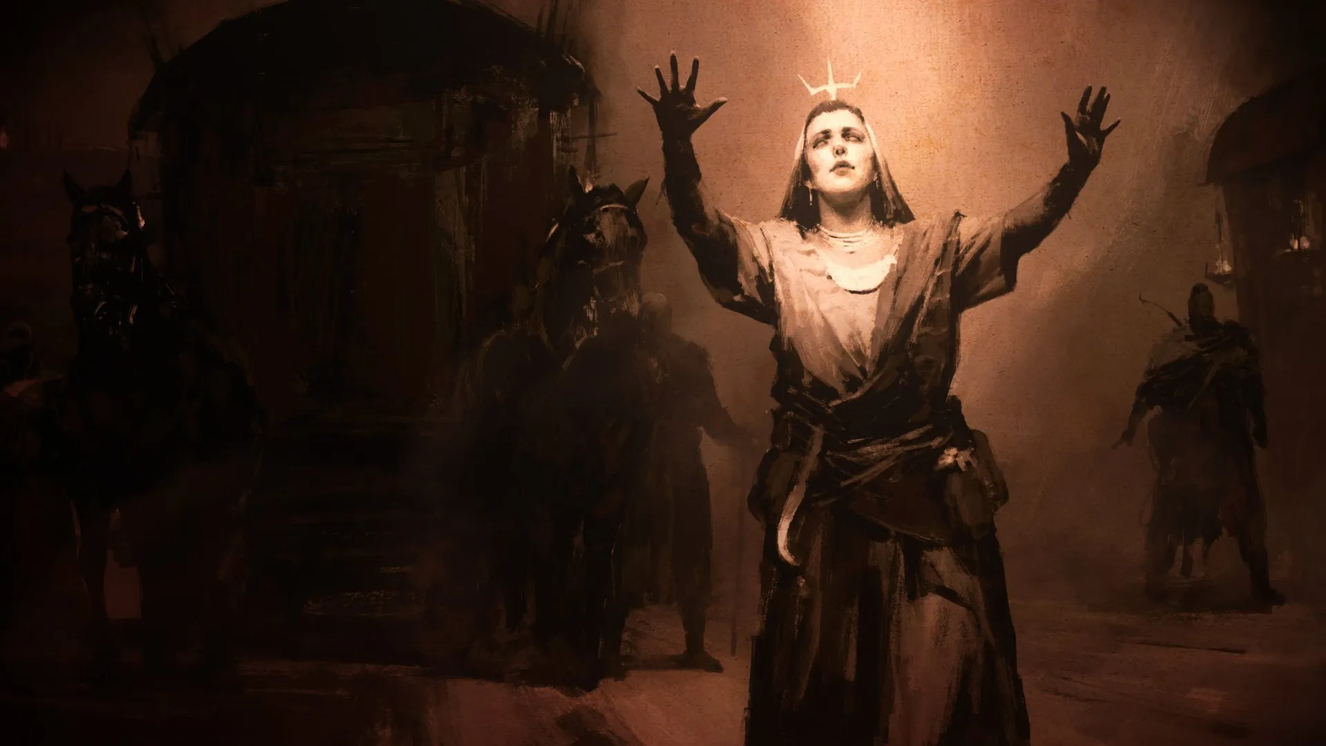 Concept Art zu Diablo V: eine Frau in Gewändern mit leuchtendem Kranz über dem Kopf hebt die Hände, hinter ihr Wagen und Pferde