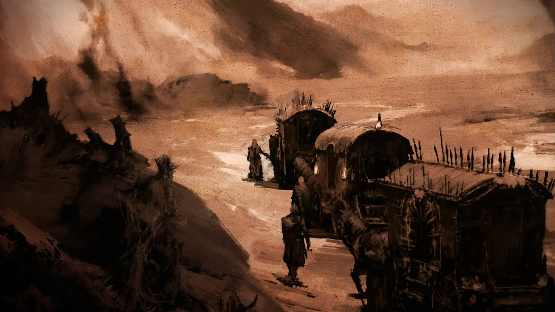 Concept Art zu Diablo V in Sepia: drei Planwagen mit Stacheln auf dem Dach ziehen durch verbranntes Ödland