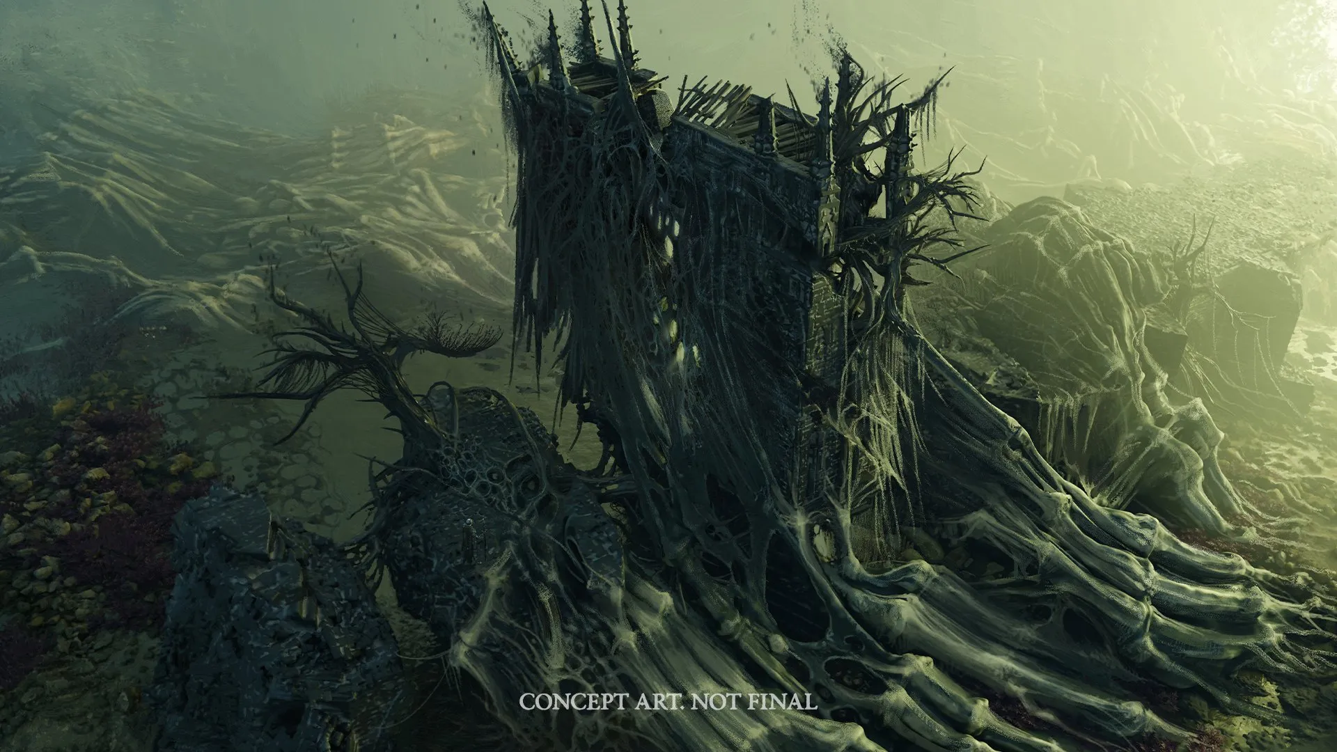 Concept Art zu Diablo V: ein von grauen Ranken und Knochen überwucherter Turm in einer verseuchten Landschaft