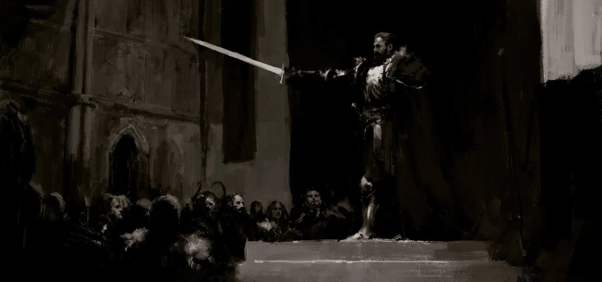 Concept Art zu Diablo V: ein gekrönter Mann in Rüstung und Umhang hebt auf einem Podest ein Schwert vor einer Menge mit Gehörnten