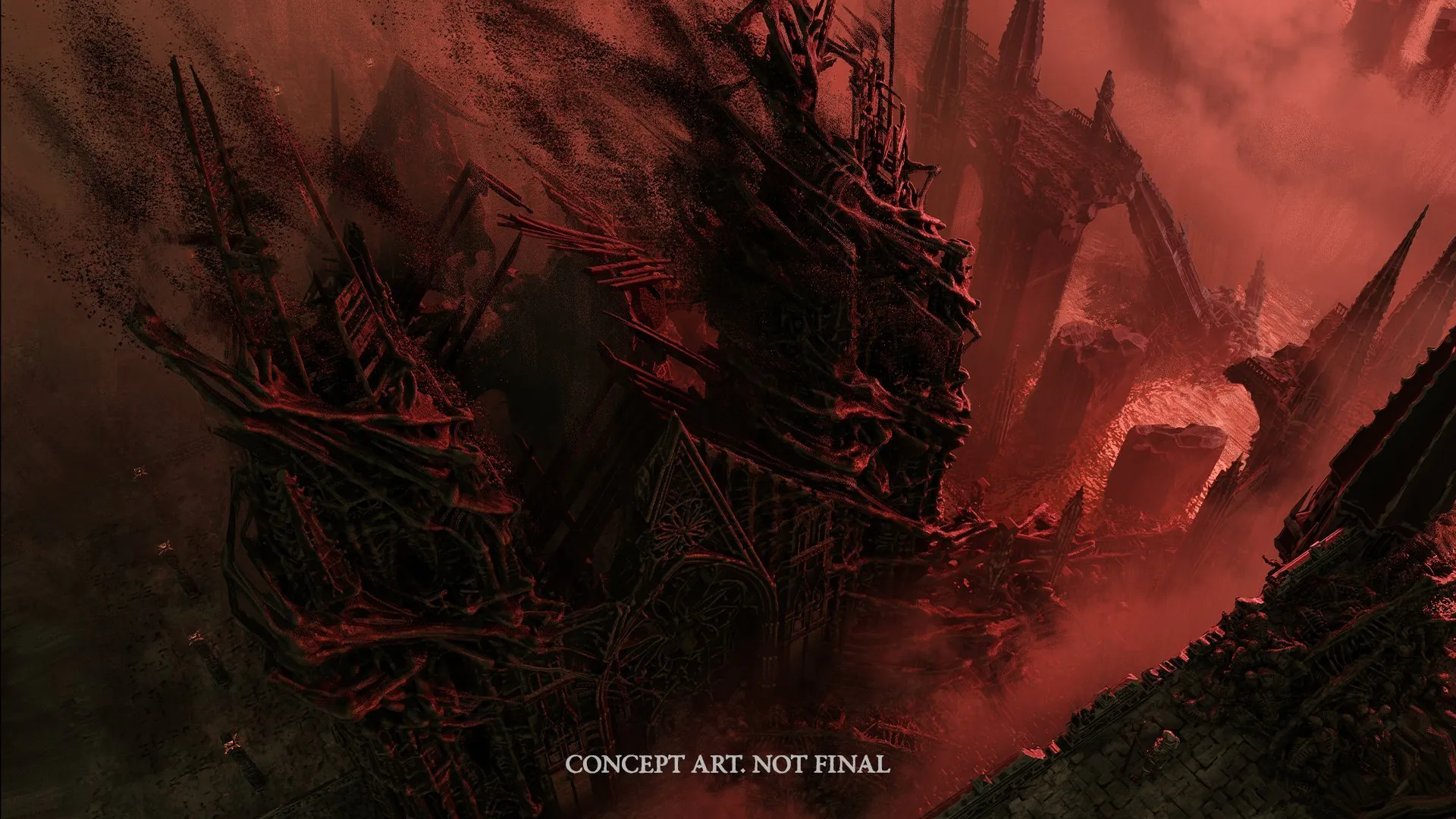 Concept Art zu Diablo V: eine in rotes Höllenlicht getauchte, verzerrte Kathedrale mit Stachelspitzen