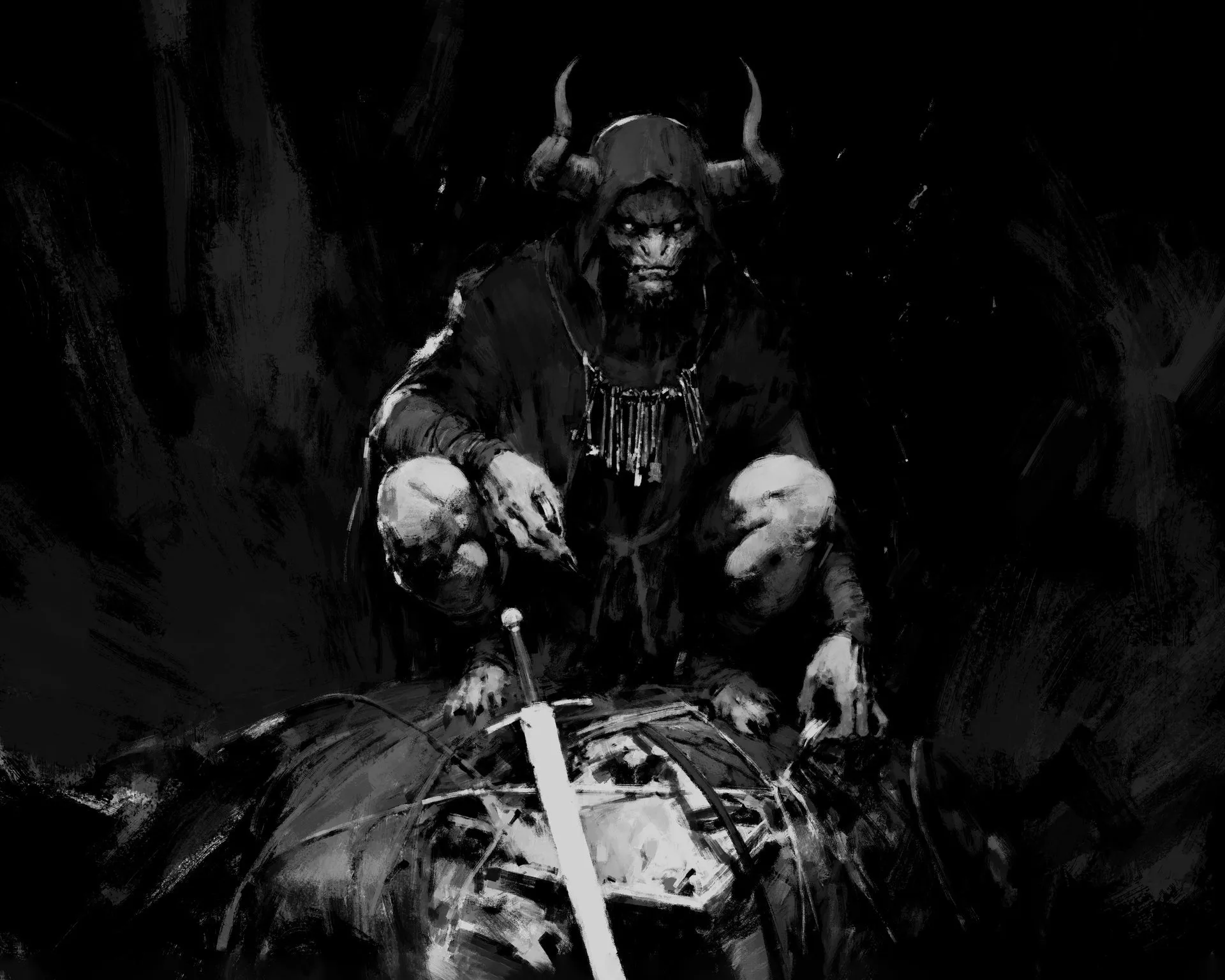 Concept Art zu Diablo V: ein gehörnter Schatzgoblin mit Kapuze und Schlüsselkette hockt über einem Sack mit Beute und einem Schwert