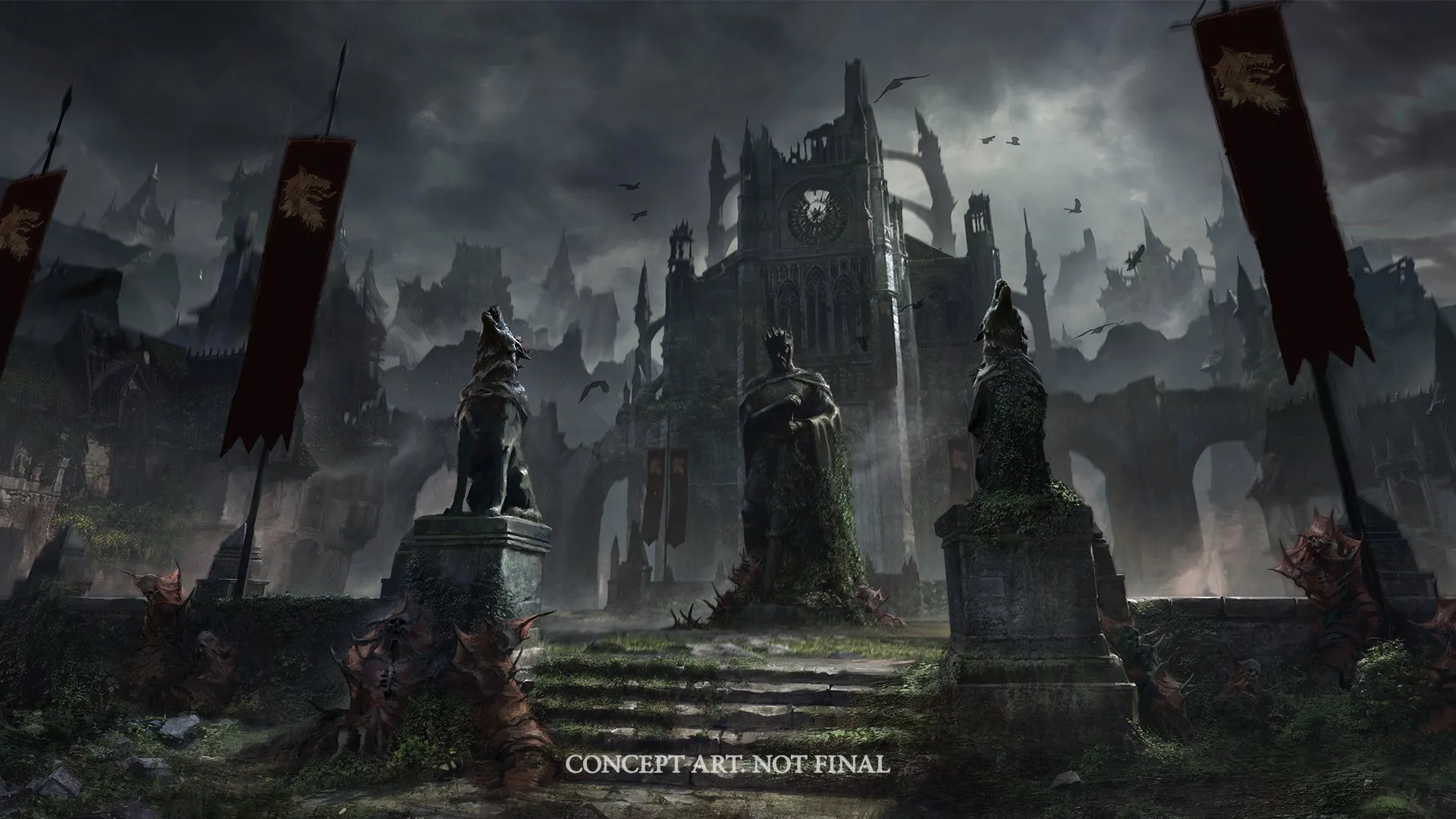 Concept Art zu Diablo V: Statuen eines Königs und zweier heulender Wölfe vor einer Kathedrale, flankiert von Wolfsbannern