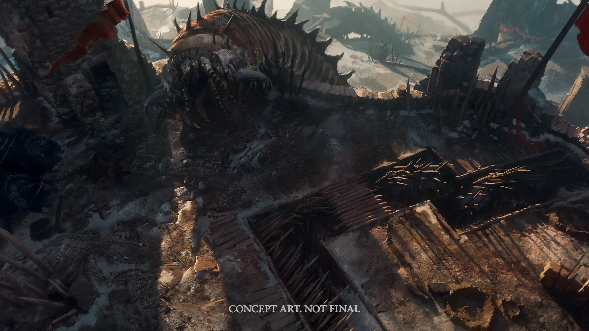 Concept Art zu Diablo V: ein riesiger Wurm mit Fangzähnen kriecht über die Mauern einer zerstörten Festung