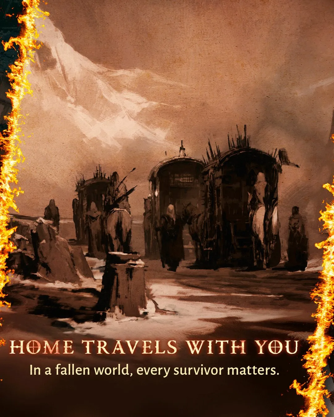 Konzeptgrafik zu Diablo V: Karawane aus Planwagen und Überlebenden vor Bergen unter dem Titel Home travels with you