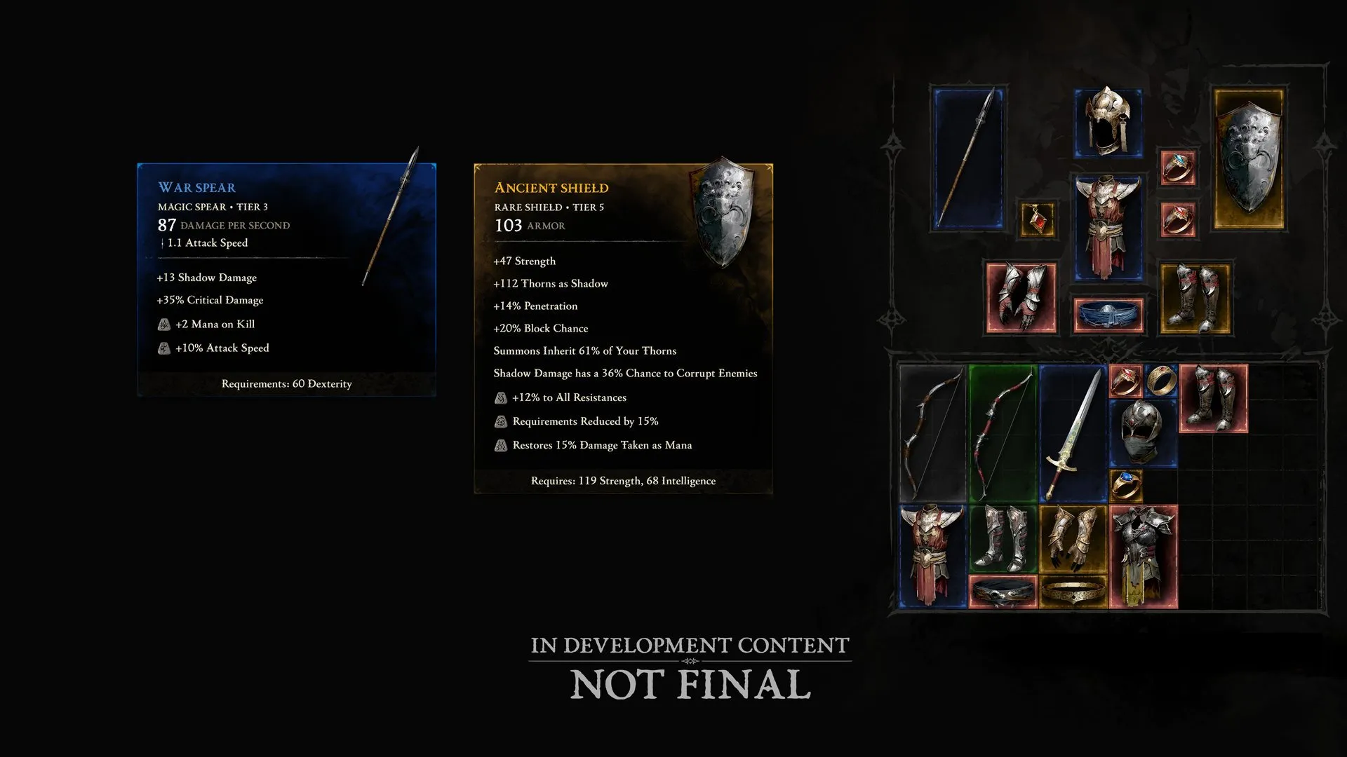 Item-Mockup aus Diablo V: Tooltips eines magischen Kriegsspeers mit 60 Geschicklichkeit als Voraussetzung und eines seltenen Uralten Schilds mit 119 Stärke und 68 Intelligenz, daneben ein Inventar mit unterschiedlich großen Feldern