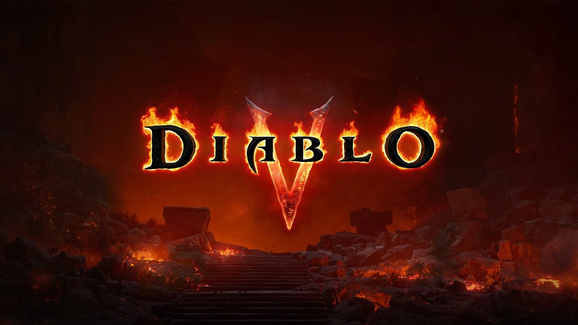 Das Logo von Diablo V in brennenden Lettern mit einem glühenden, gezackten V über einer Steintreppe, die zwischen verkohlten Felsen und Glut in die Tiefe führt