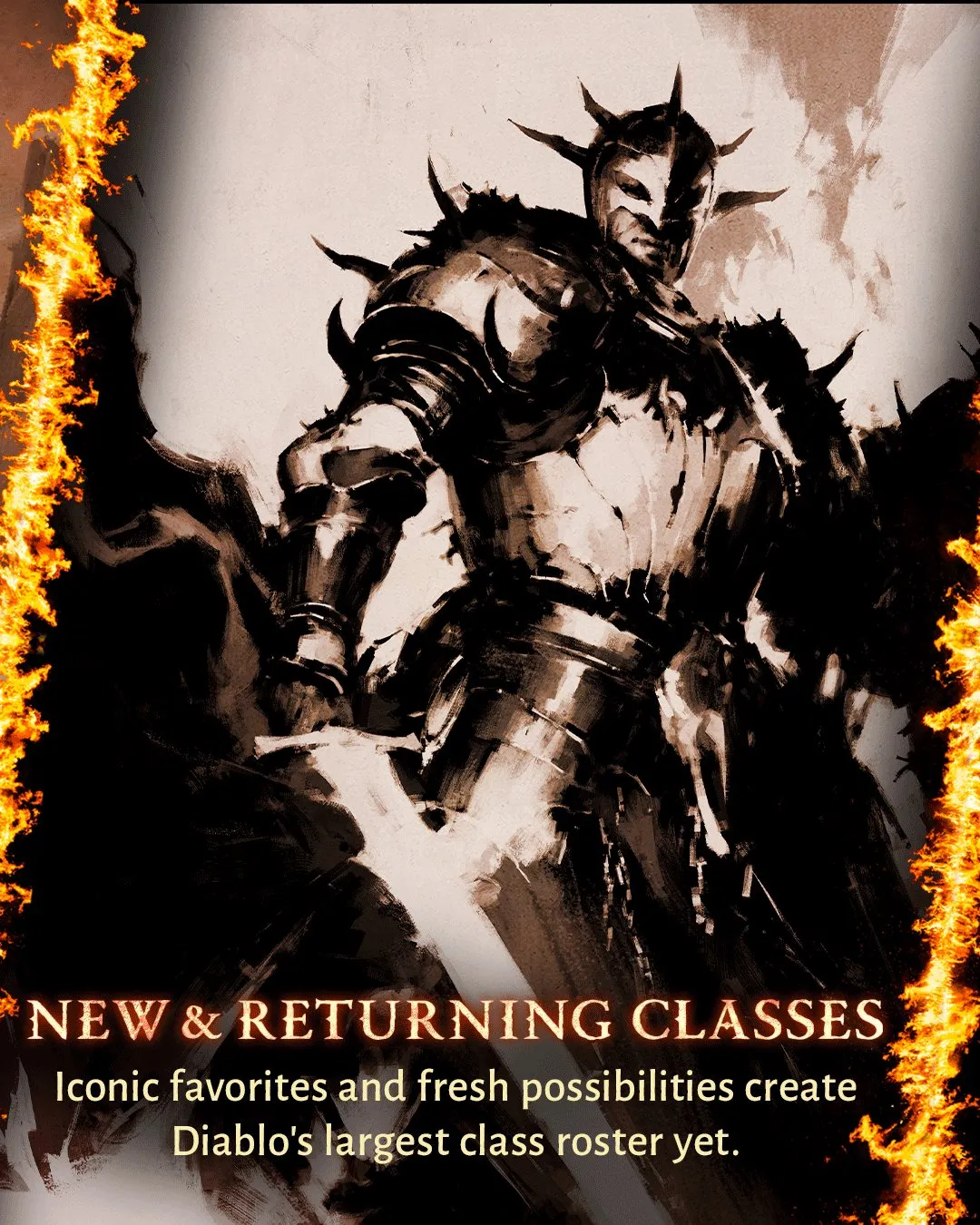 Panel-Grafik zu Diablo V: Skizze eines Ritters in Stachelrüstung unter dem Titel New and returning classes