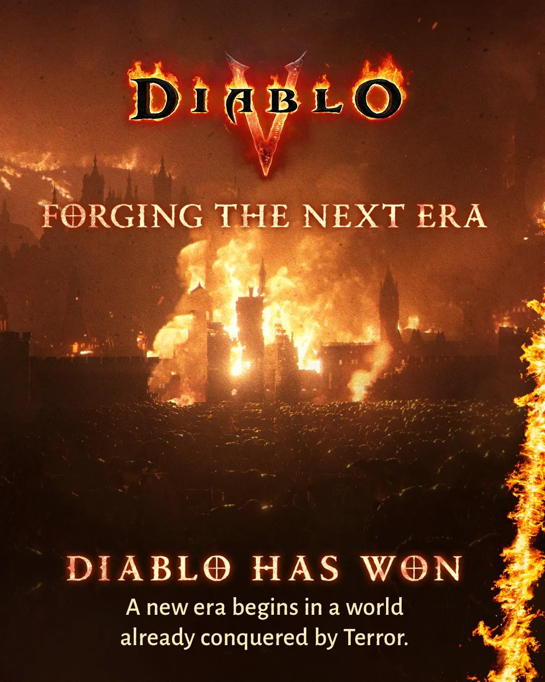 Panel-Grafik zu Diablo V mit dem Titel Forging the Next Era, einer brennenden Stadt und dem Schriftzug Diablo has won