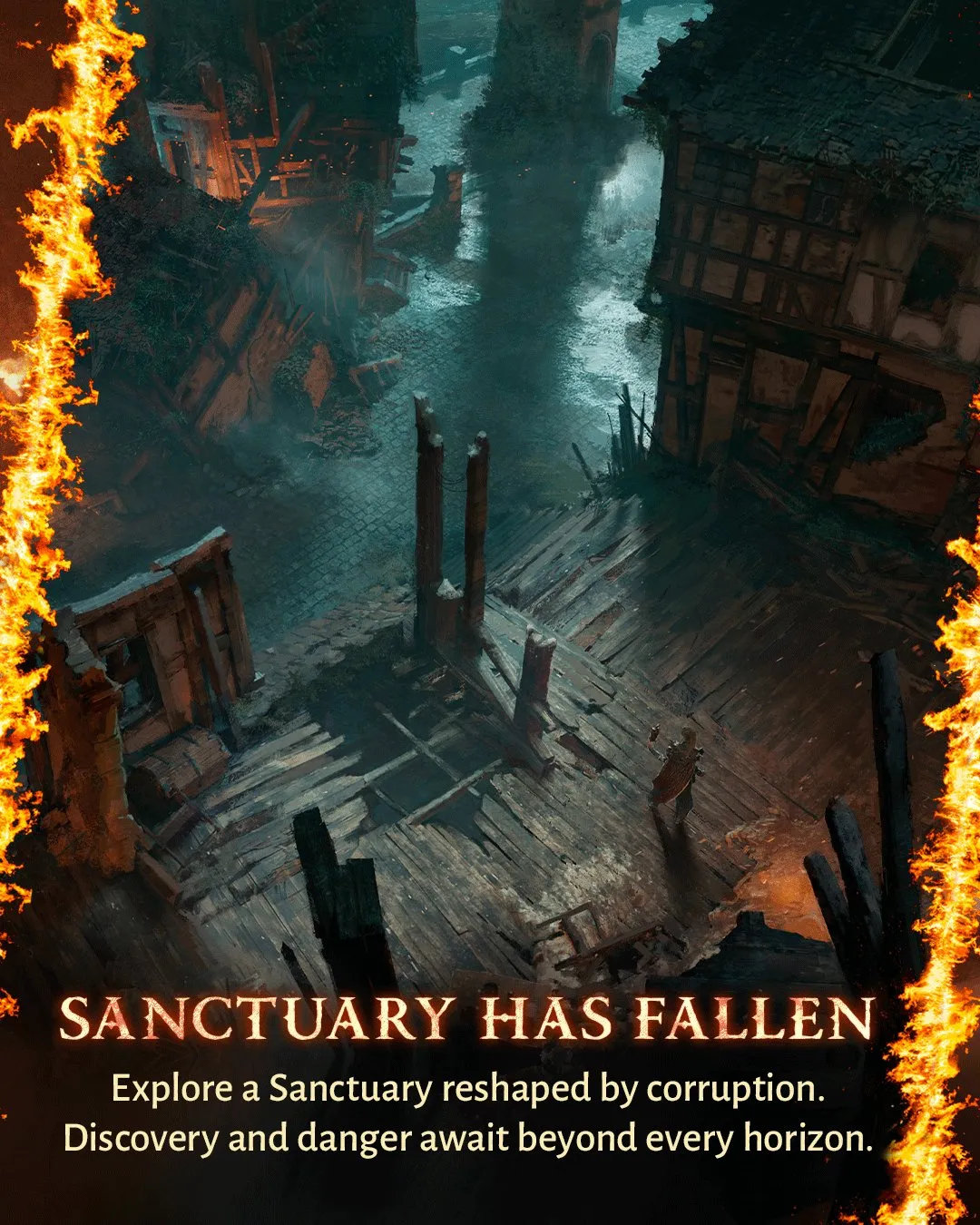 Konzeptgrafik zu Diablo V: verfallene Gasse mit zerstörten Fachwerkhäusern unter dem Titel Sanctuary has fallen