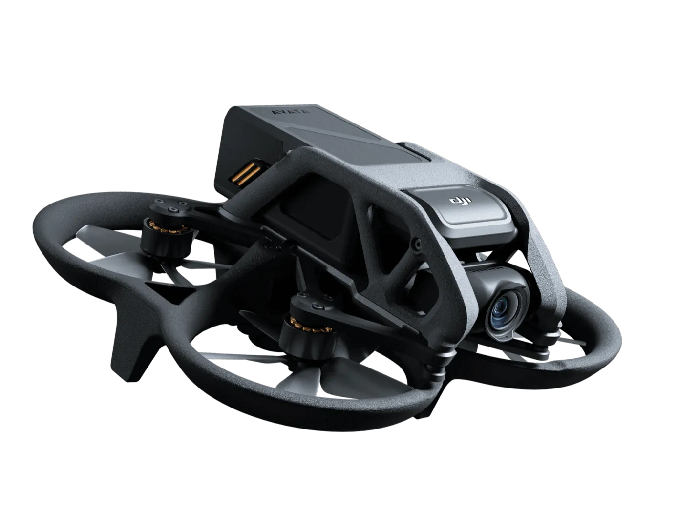 DJI Avata von schräg vorn: kompakte FPV-Drohne mit vollständig umbauten Propellern und nach vorn gerichteter Kamera