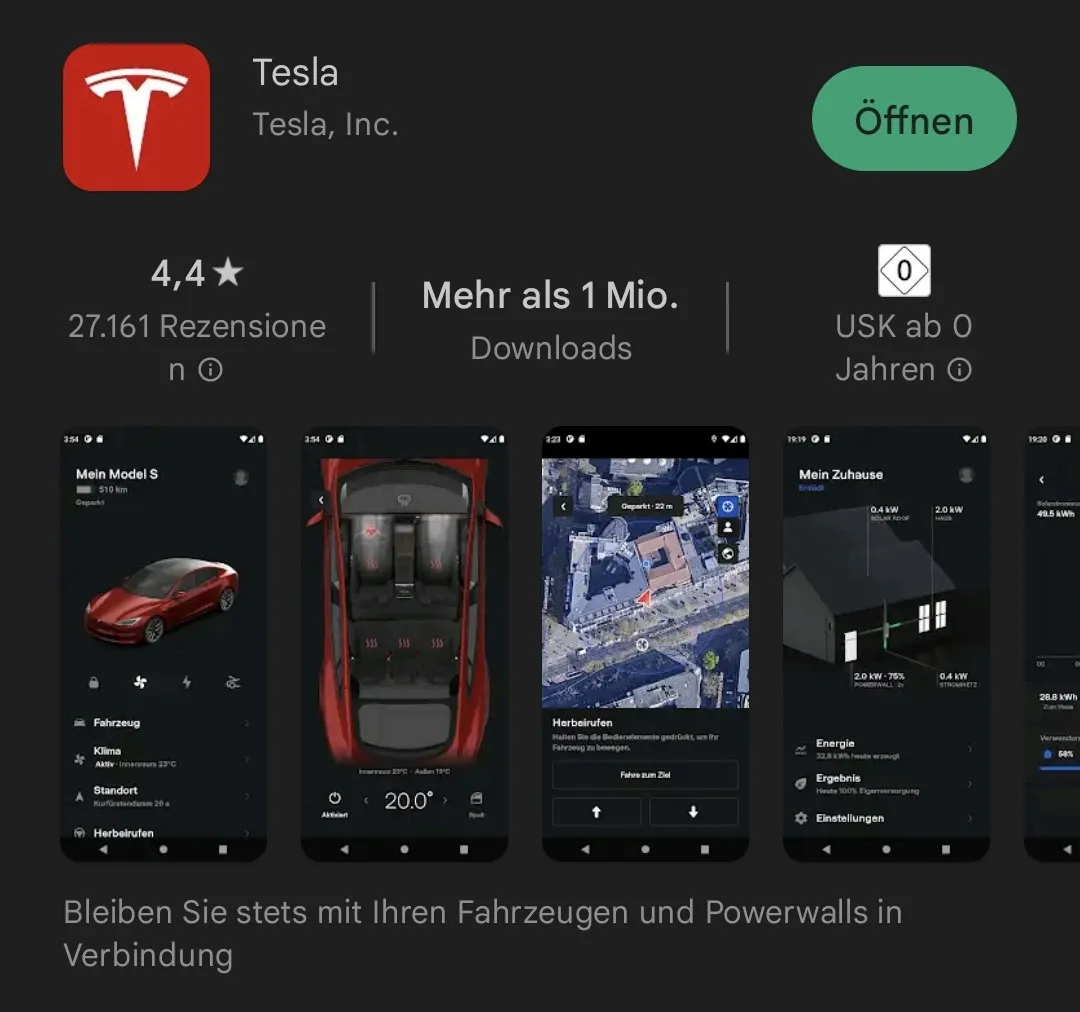 Eintrag der Tesla App im Google Play Store