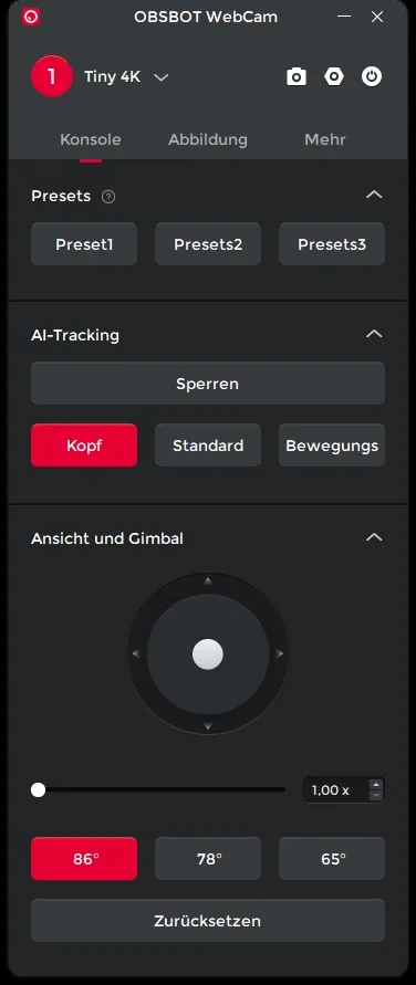 Einstellungen der OBSBOT-Software: Presets, KI-Tracking mit den Modi Kopf, Standard und Bewegungen, dazu die Gimbal-Steuerung