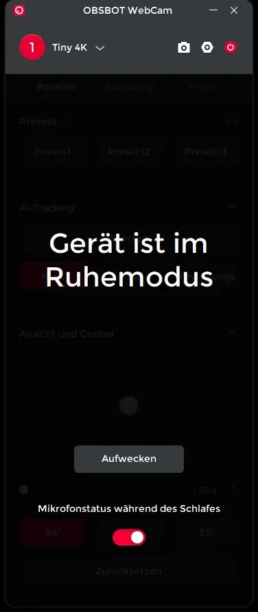 Software der OBSBOT Tiny 4K im Ruhemodus mit der Meldung „Gerät ist im Ruhemodus" und einem Knopf zum Aufwecken