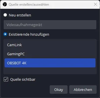 Auswahlfenster in OBS Studio, in dem die OBSBOT 4K als vorhandenes Videoaufnahmegerät markiert ist