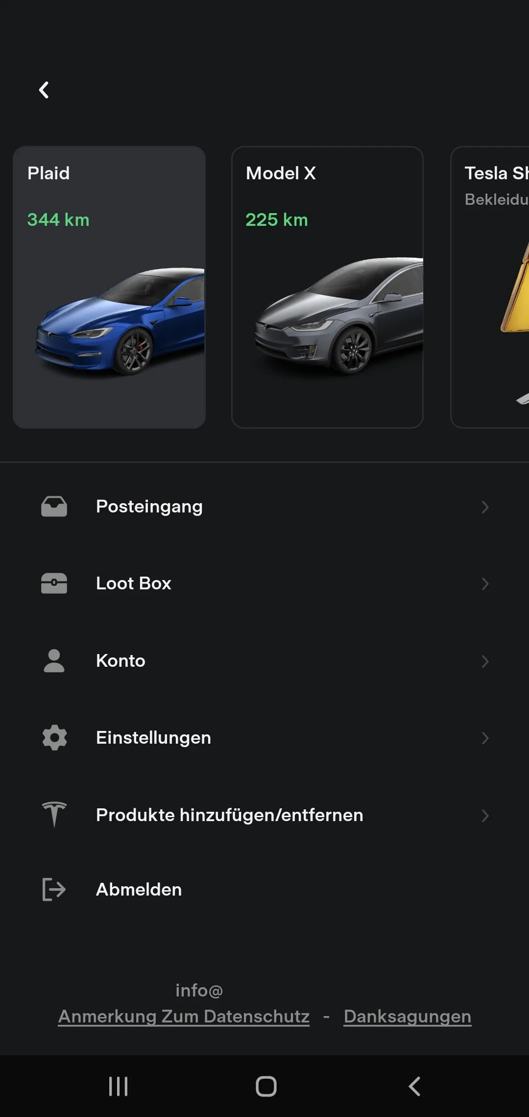 Profilseite der Tesla App mit dem Menüpunkt Produkte hinzufügen entfernen