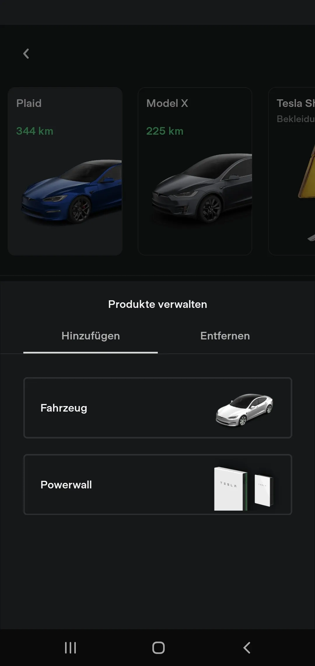 Ansicht Produkte verwalten im Reiter Hinzufügen mit den Einträgen Fahrzeug und Powerwall